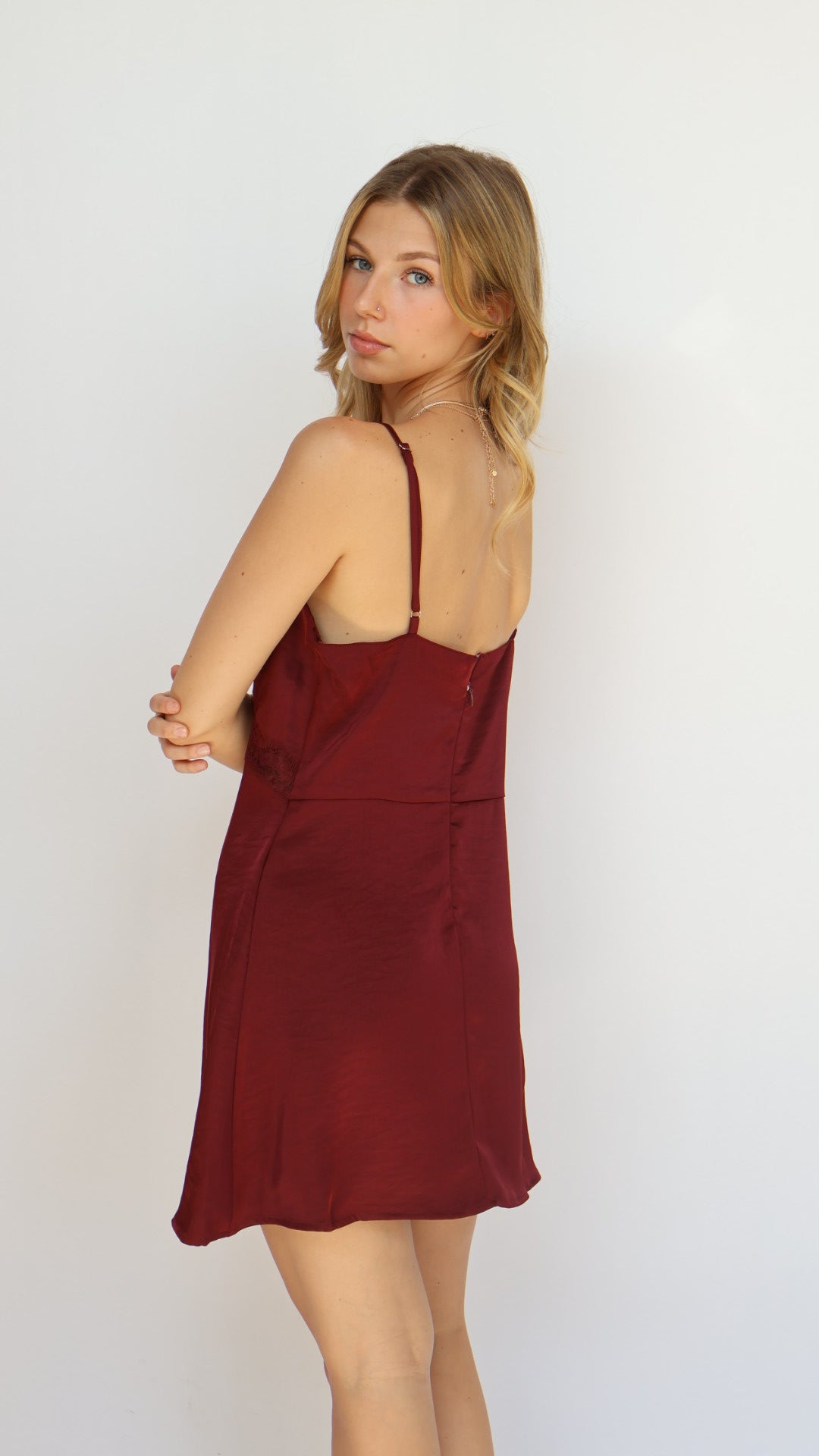Satin Slip Mini Dress with Lace Trim