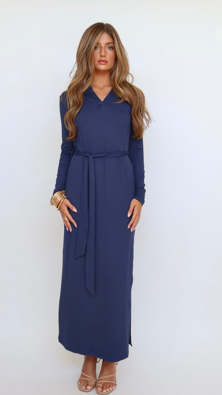 Nora Belted Long Sleeve Slit Leg Maxi Dress
