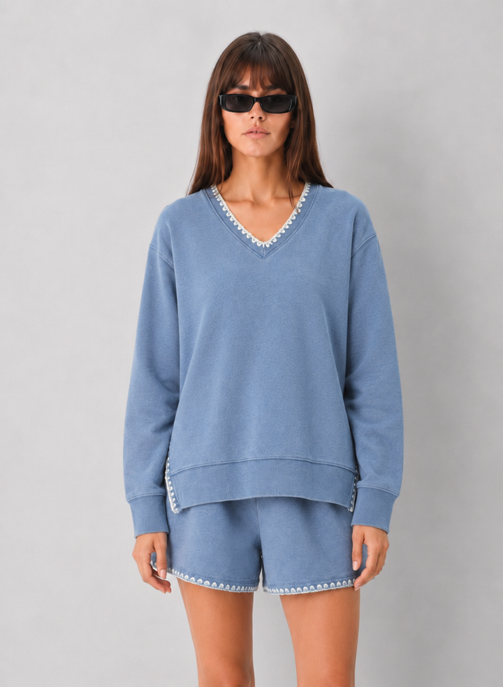 Z Supply Cam Knit Denim Whipstitch Top