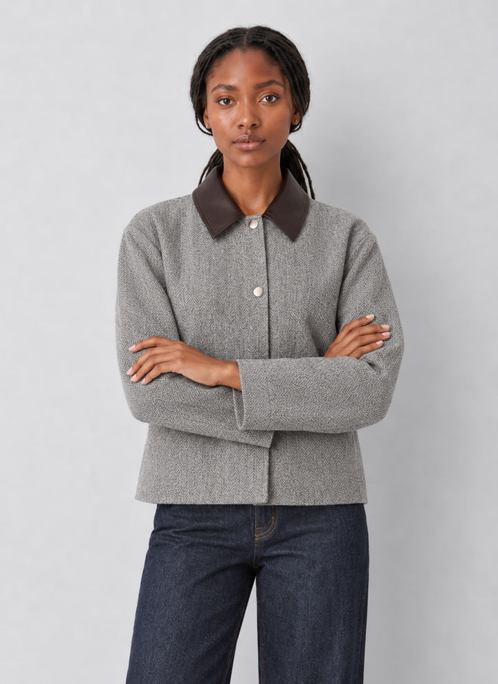 French Connection Herringbone Jacket with Contrast Collar