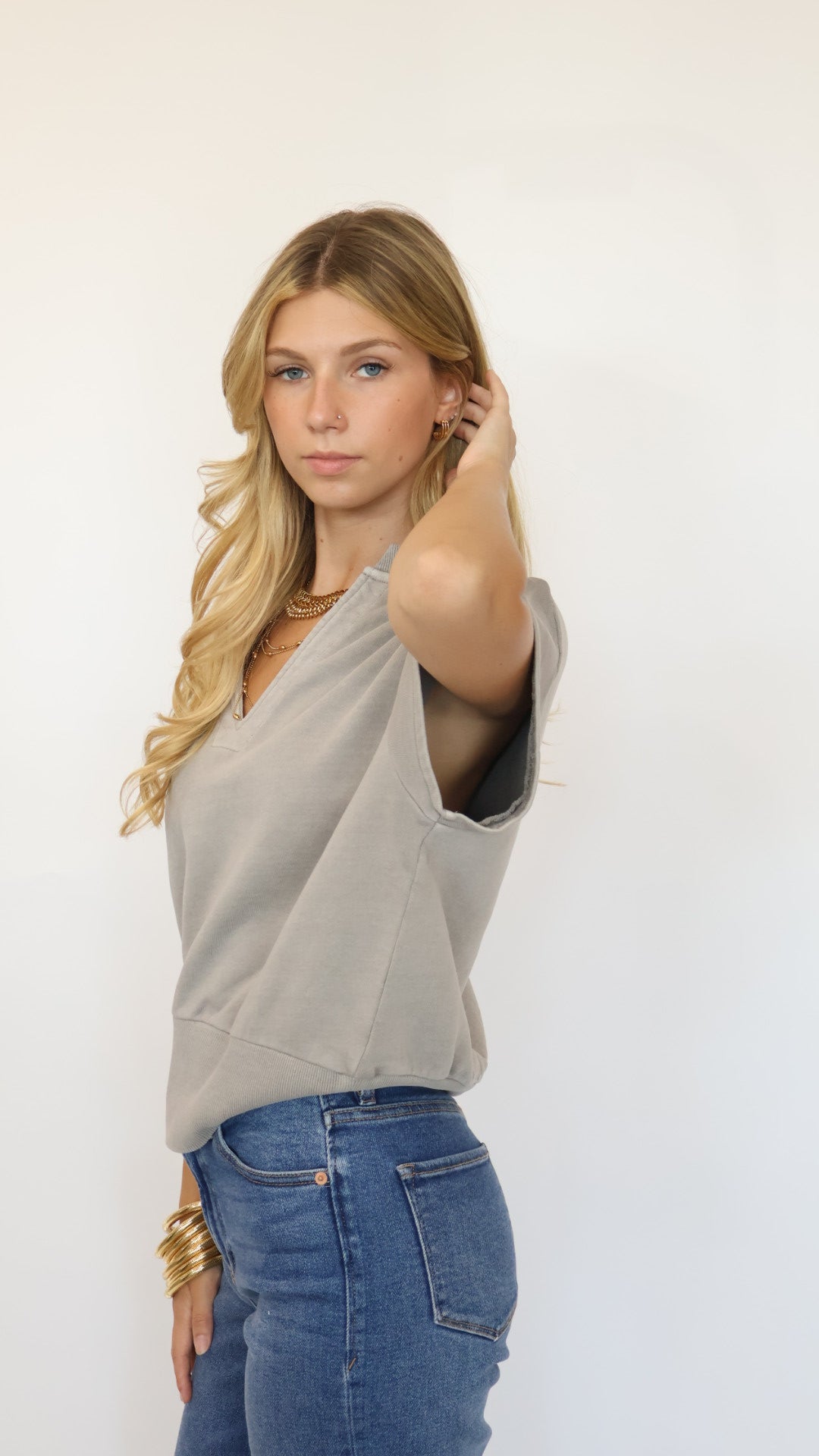 Elan Cap Sleeve V Neck Sweatshirt
