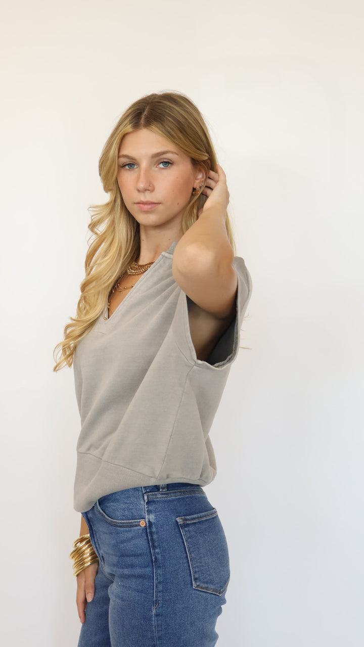 Elan Cap Sleeve V Neck Sweatshirt