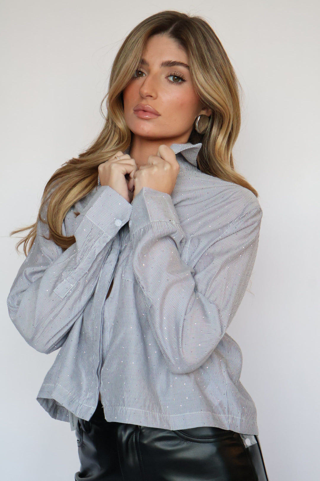 Rhinestone Detail Crop Button Down