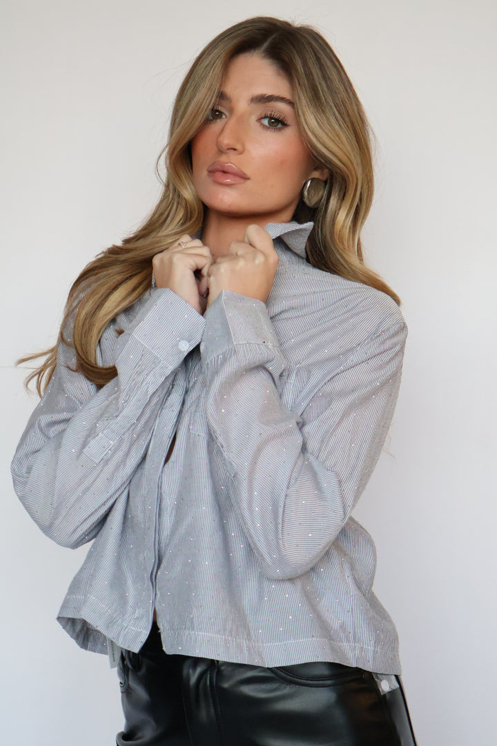 Rhinestone Detail Crop Button Down