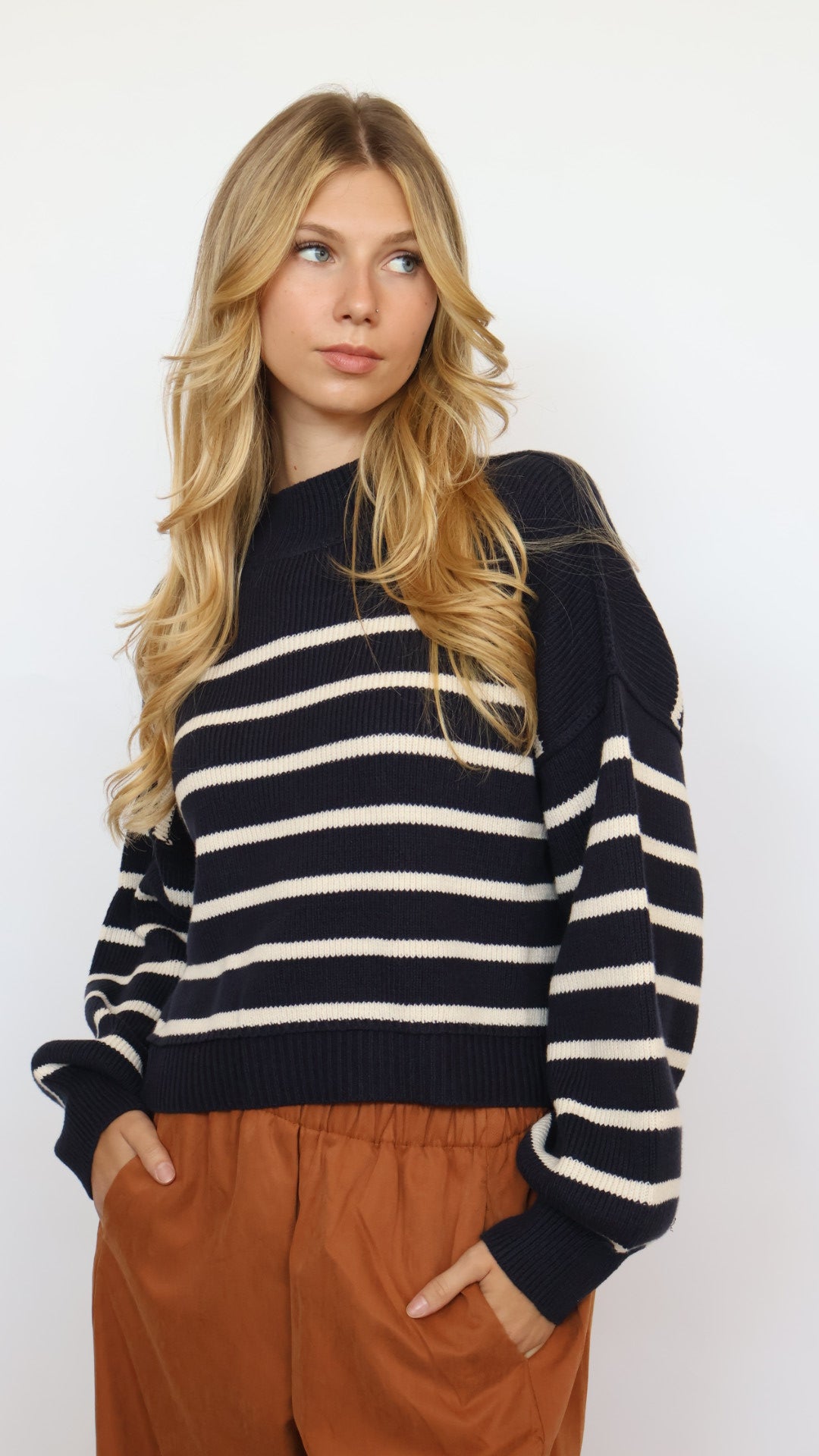 Loose Fit Mock Neck Stripe Sweater