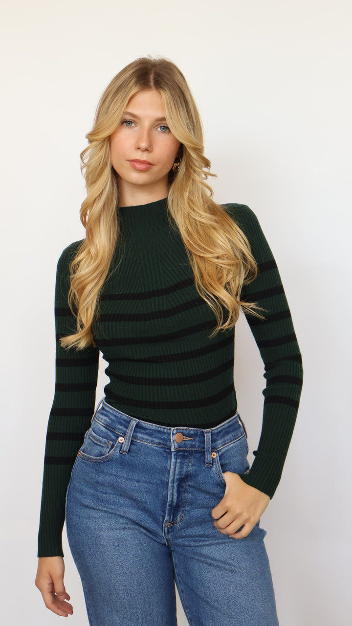 Mock Neck Stripe Ribbed Long Sleeve Sweater