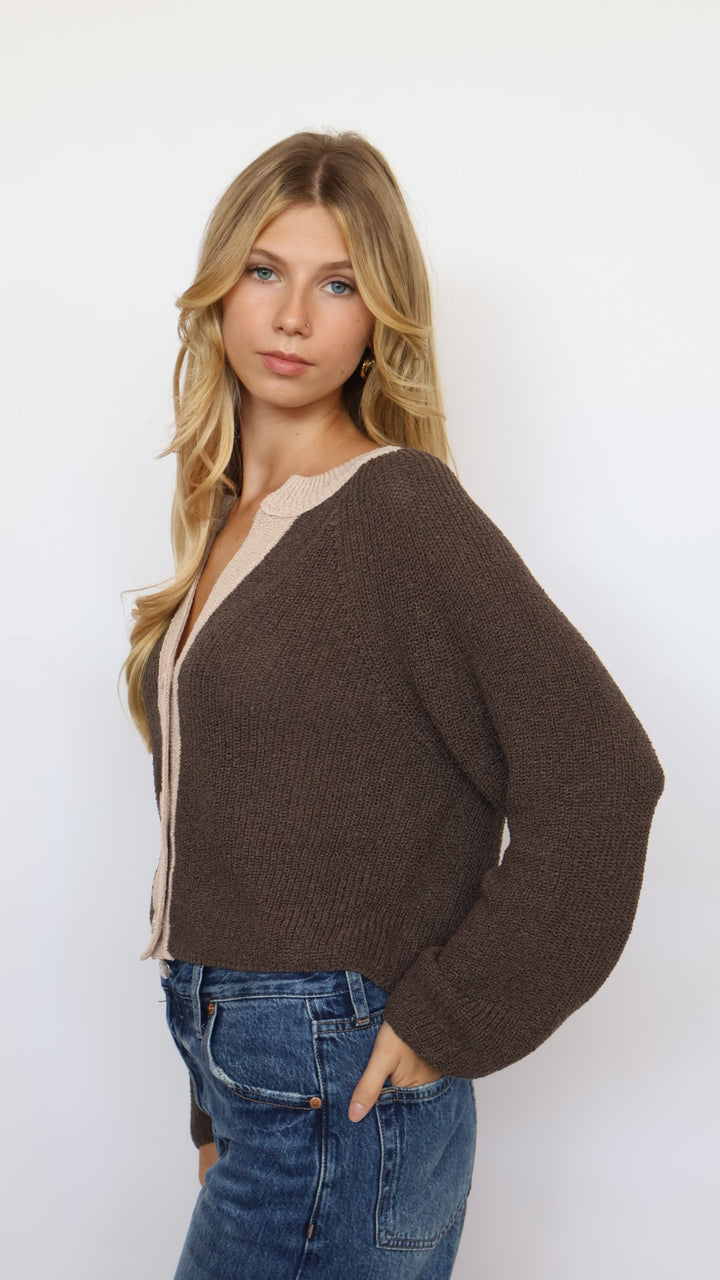 Contrast Trim V Neck Cropped Cardigan