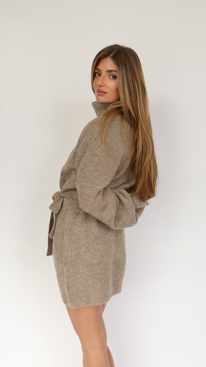 Turtleneck Sweater Mini Dress with Tie Waist