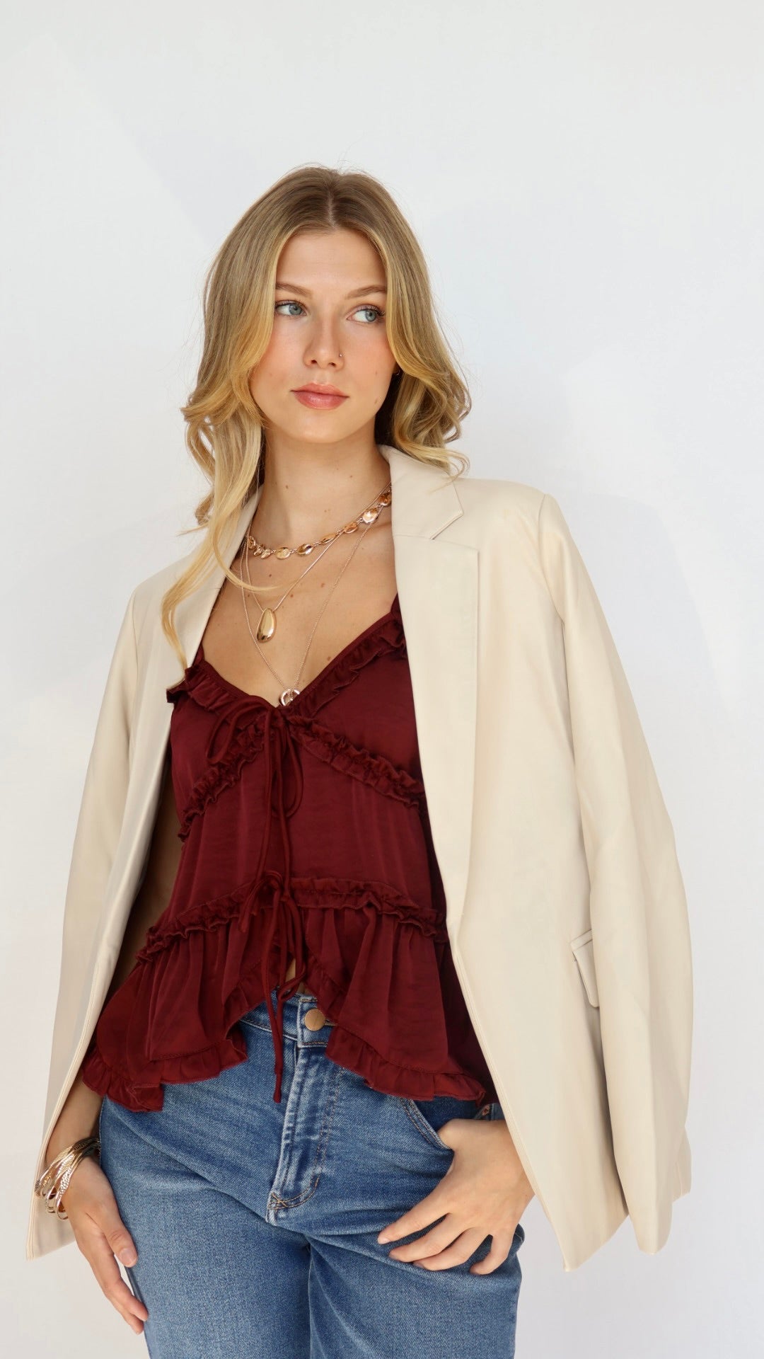 Tiered Tie Front Ruffle Detail Sleeveless Top