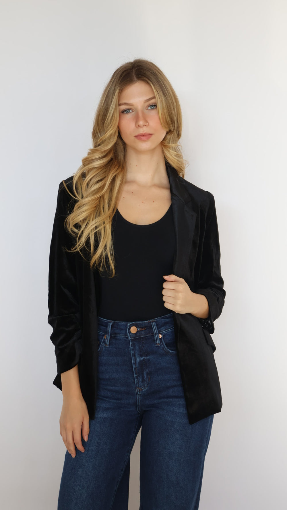 Ruched Sleeve Velvet Blazer