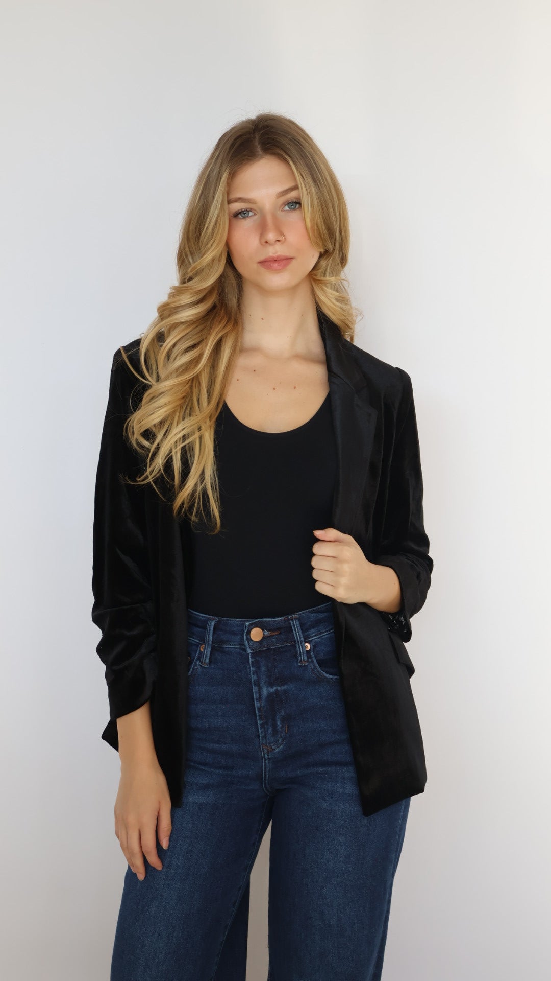 Ruched Sleeve Velvet Blazer