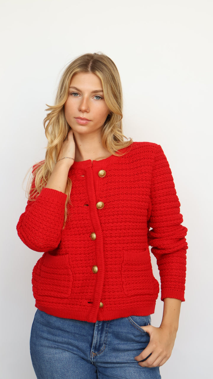 Dear John Denim Red Cable Knit Cardigan Sweater
