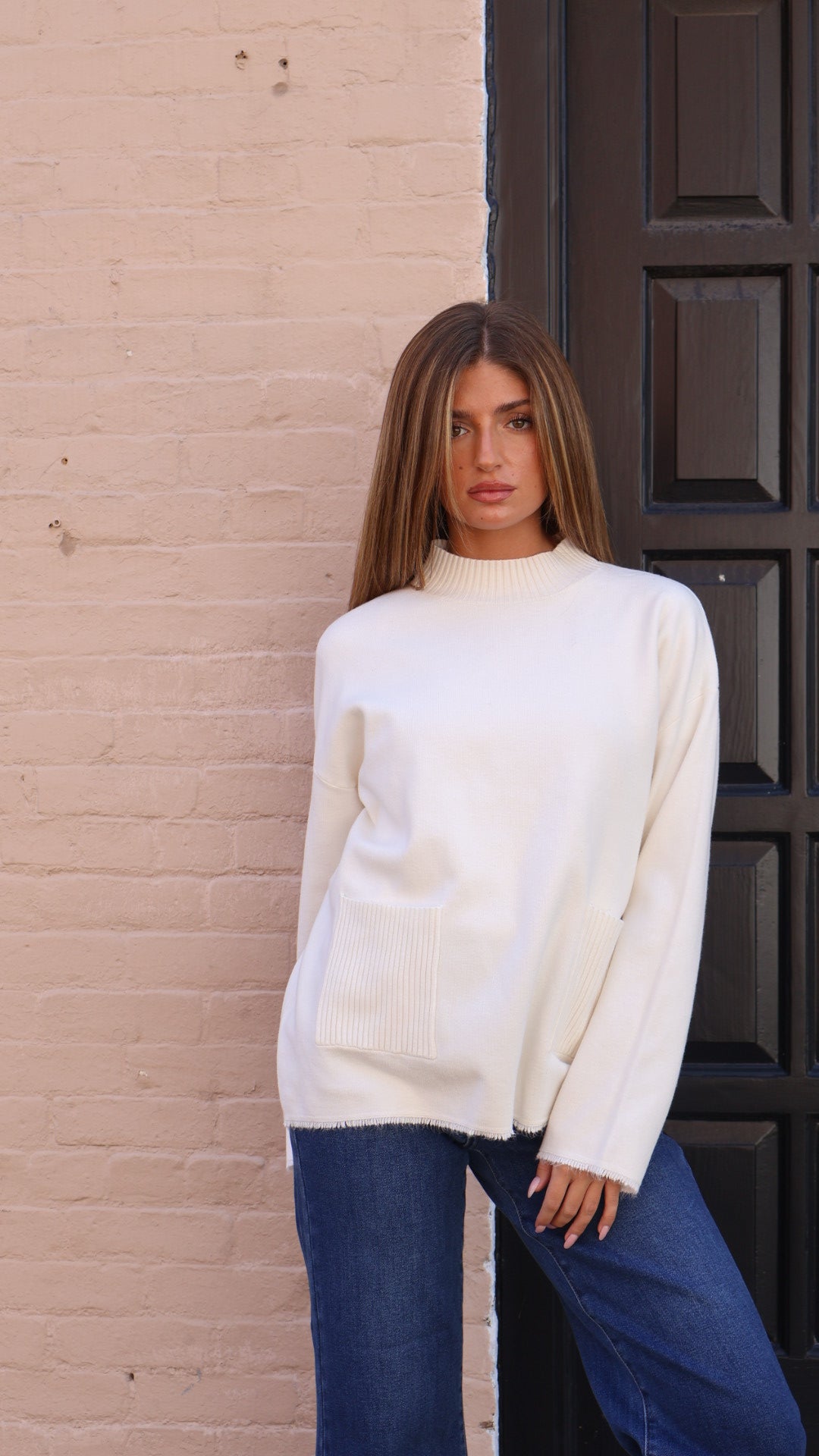 Pinch Double Front Pocket Mock Neck Sweater