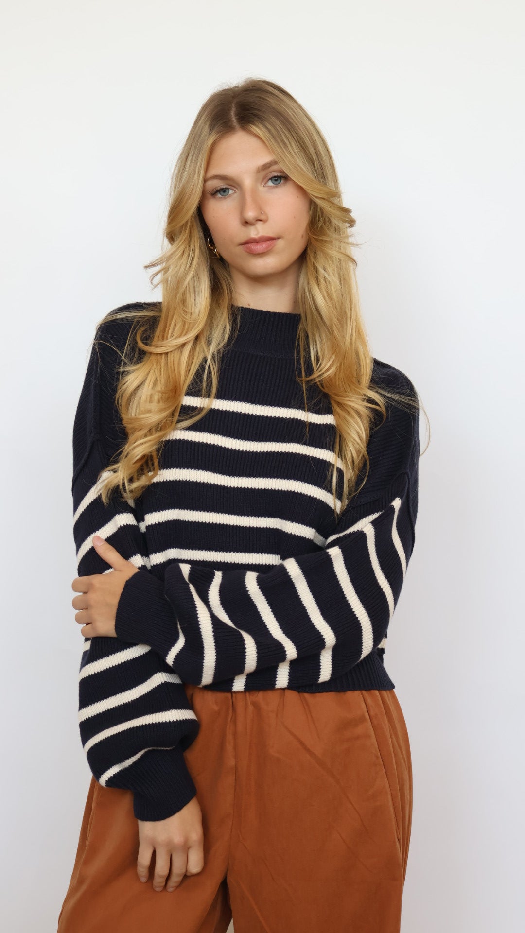 Loose Fit Mock Neck Stripe Sweater