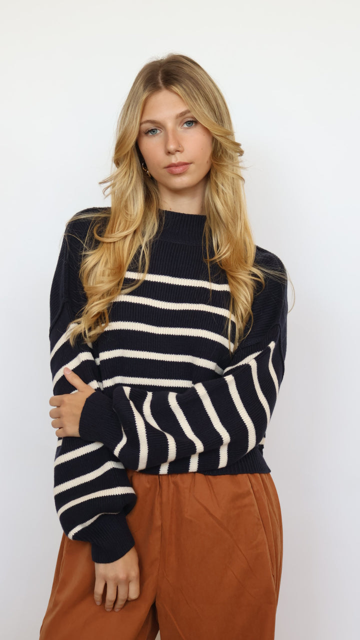 Loose Fit Mock Neck Stripe Sweater