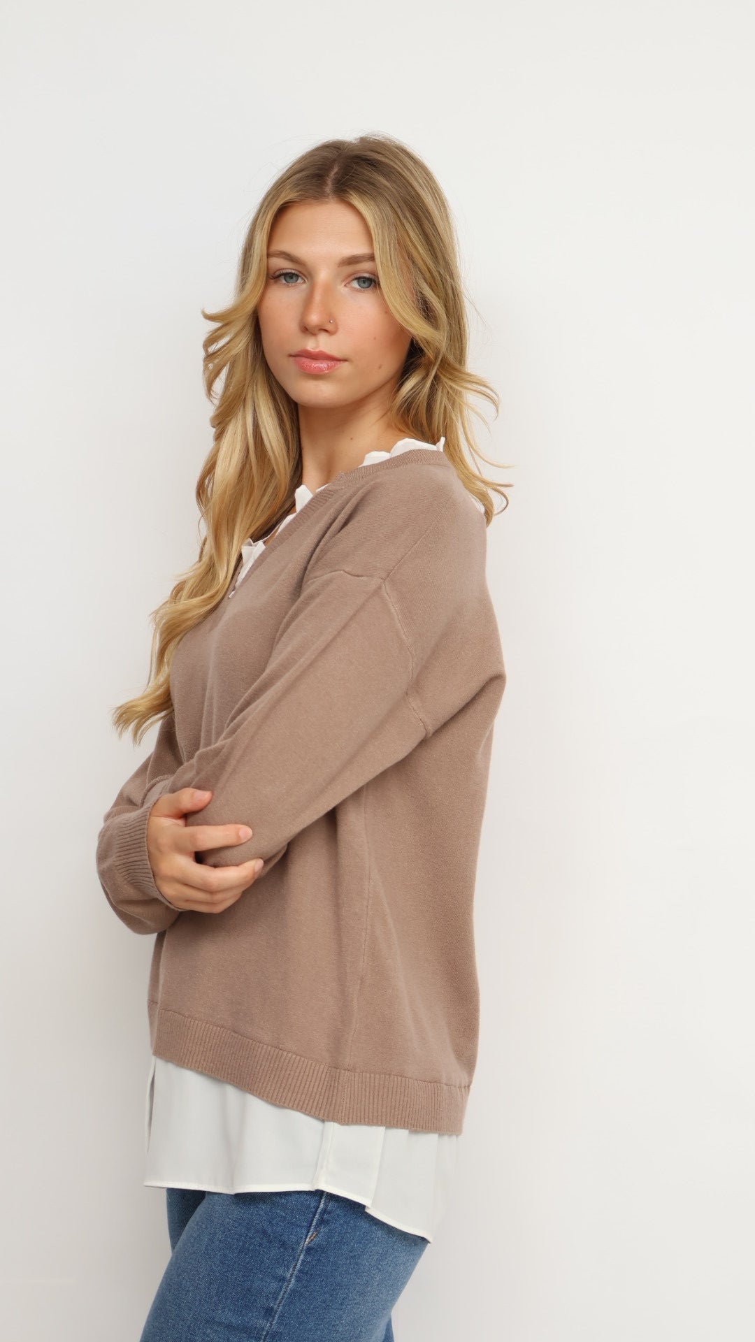 Pinch Ruffle V-Neck Twofer Sweater