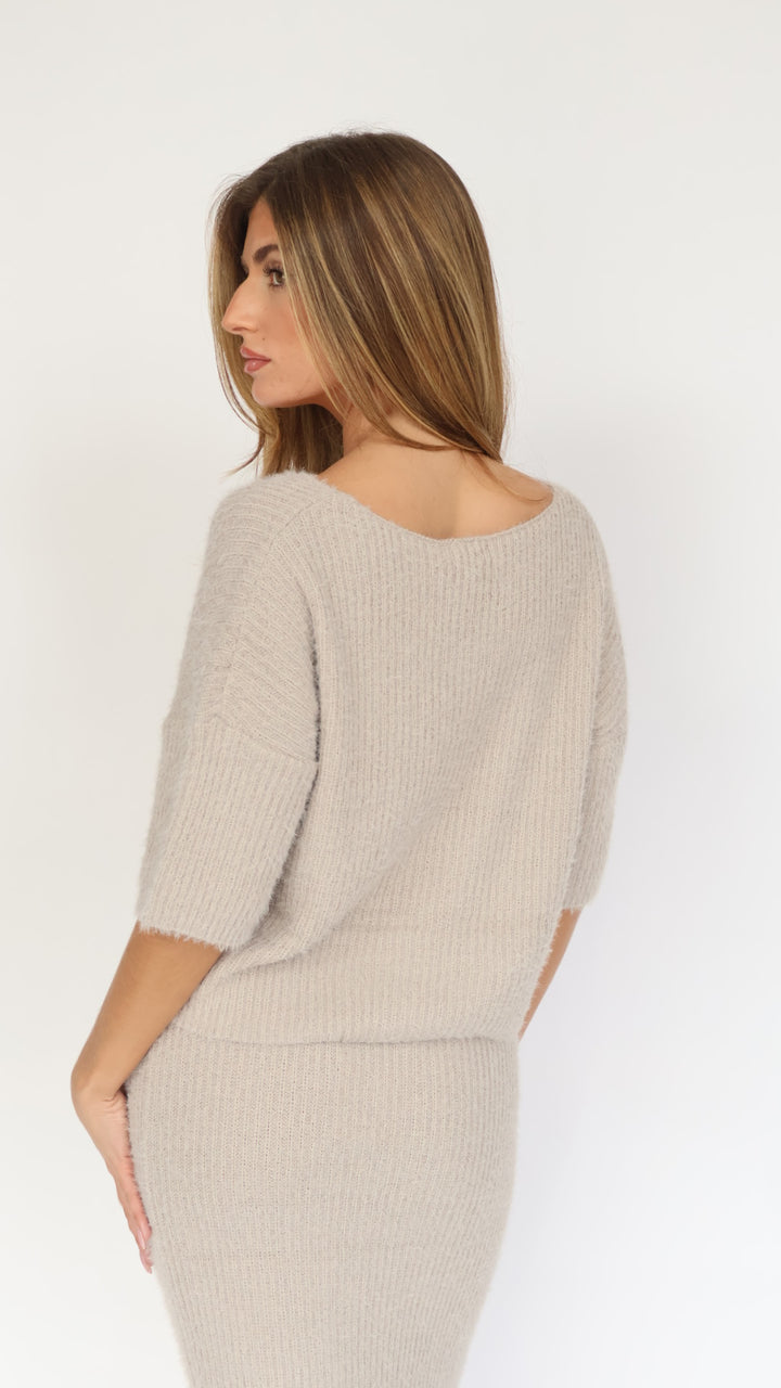 Eyelash V Neck Ribbed Sweater
