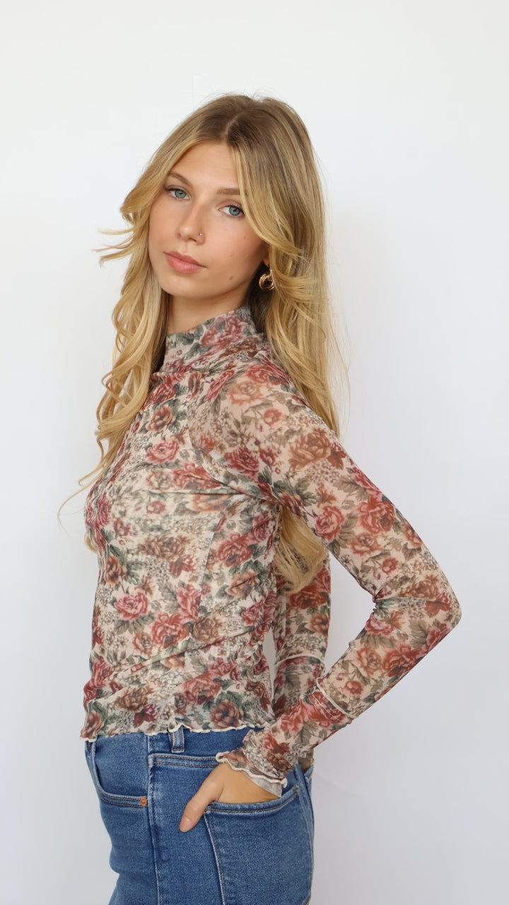 Floral Print Mesh Mock Neck Top
