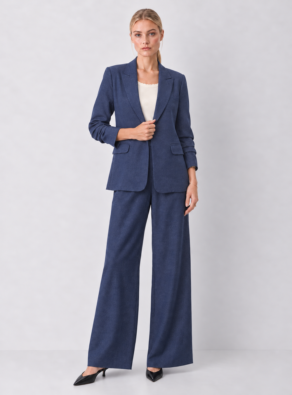 Denim Ruched Sleeve Blazer