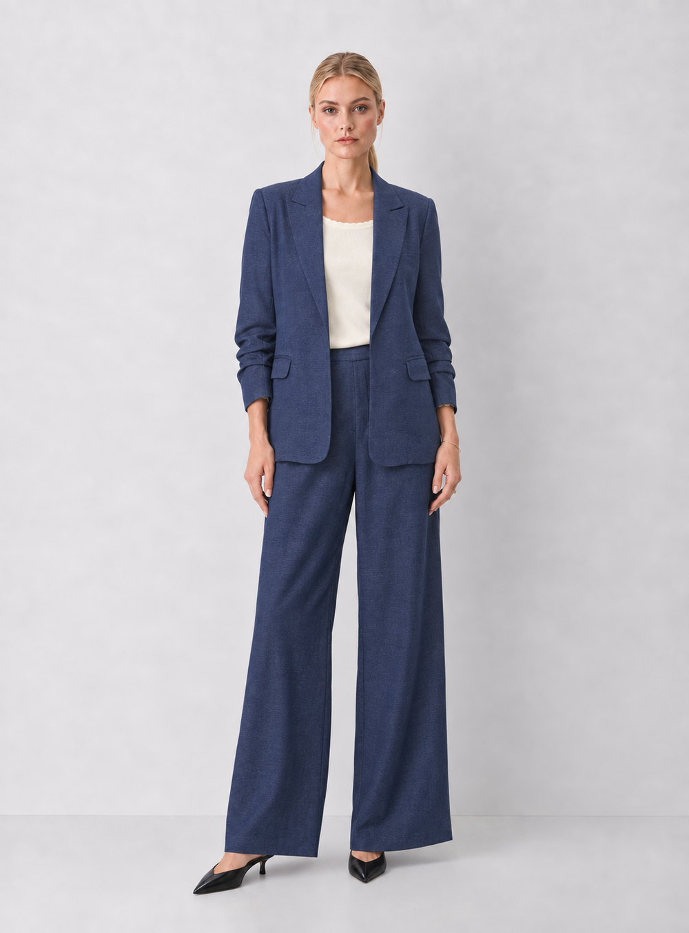 Denim Pleated Wide-Leg Trousers