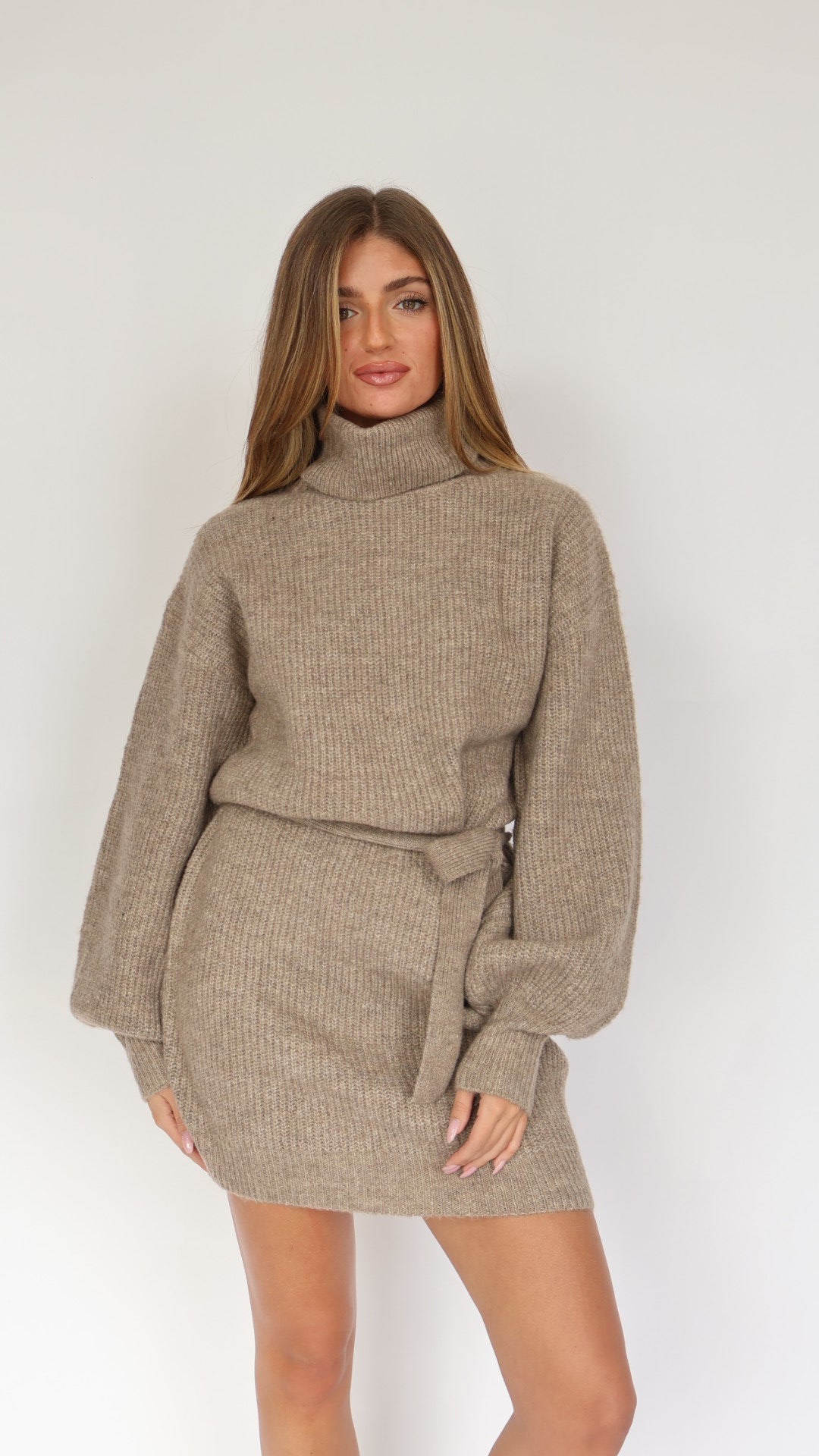 Turtleneck Sweater Mini Dress with Tie Waist