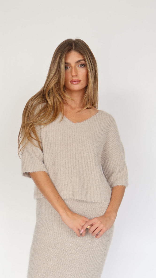 Eyelash V Neck Ribbed Sweater