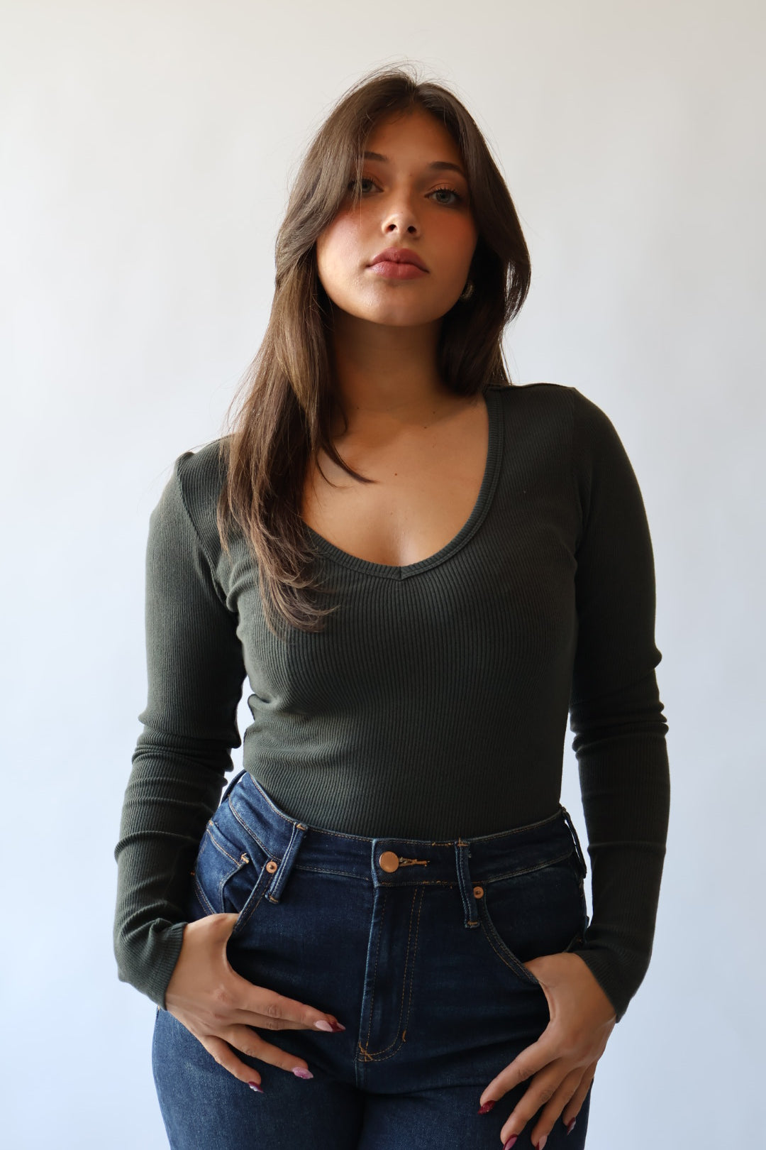 Marlowe Ribbed V Neck Fitted Top