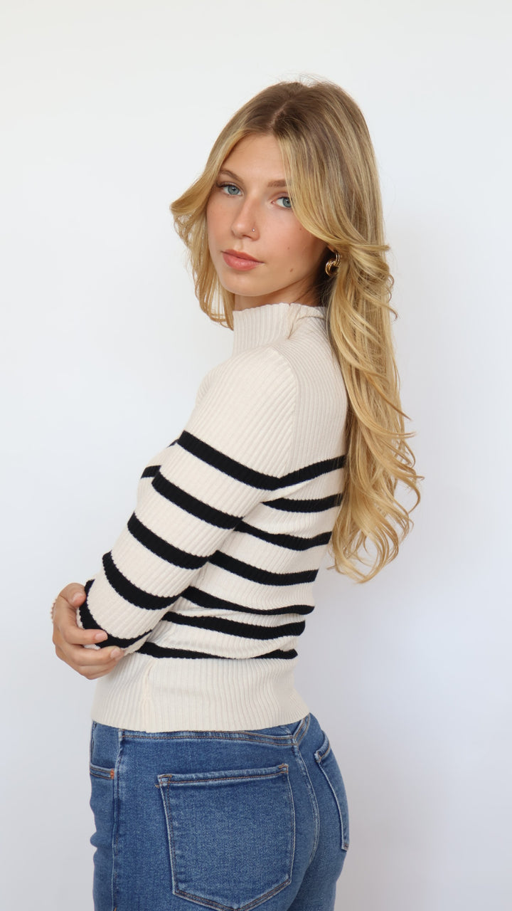 Mock Neck Stripe Ribbed Long Sleeve Sweater