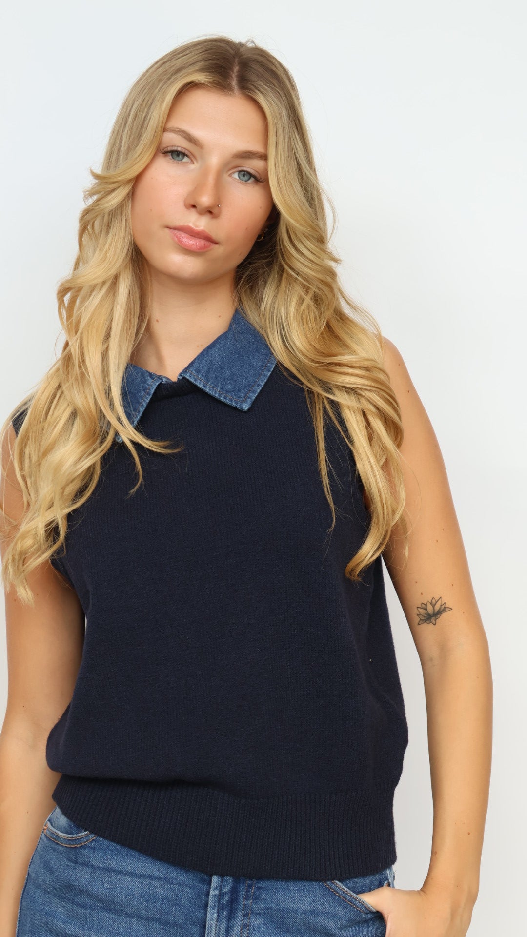 Steve Madden Jeane Sweater Vest With Denim Collar