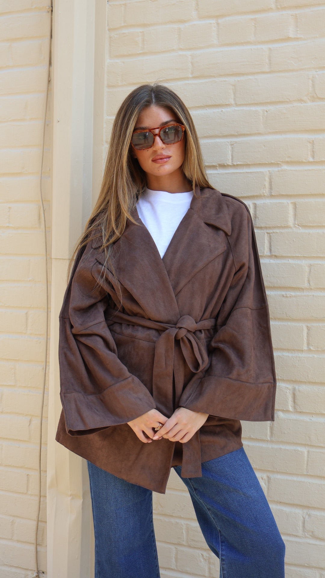 Faux Suede Belted Mid Length Trench Coat
