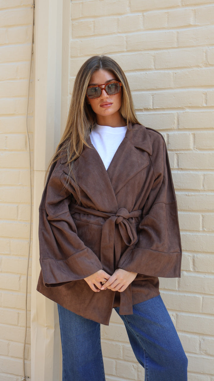 Faux Suede Belted Mid Length Trench Coat