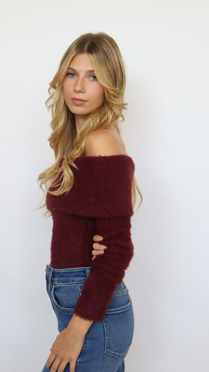 Cozy Off Shoulder Fold Over Knit Sweater