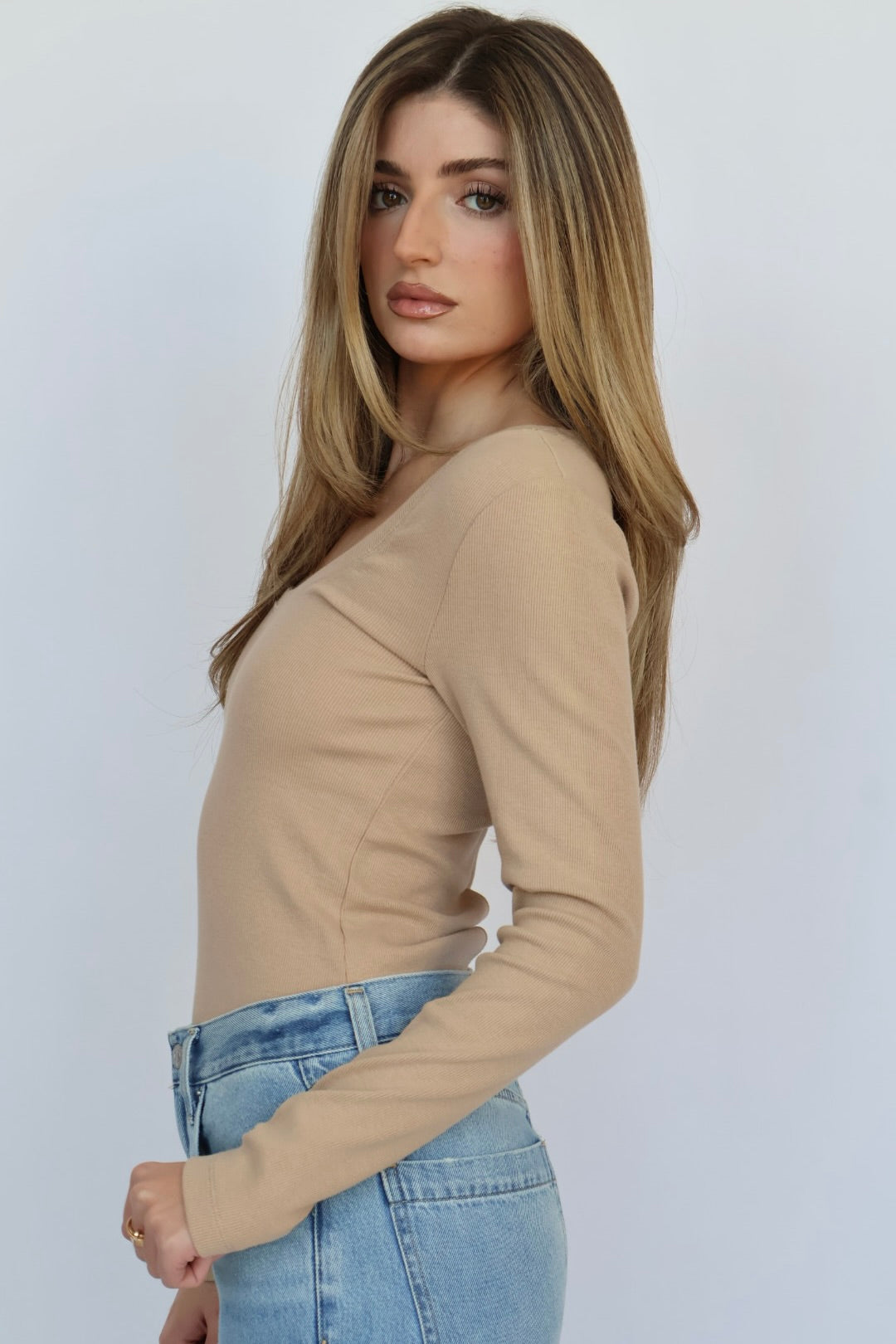 Ribbed Cotton Scoop Neck Long Sleeve Top