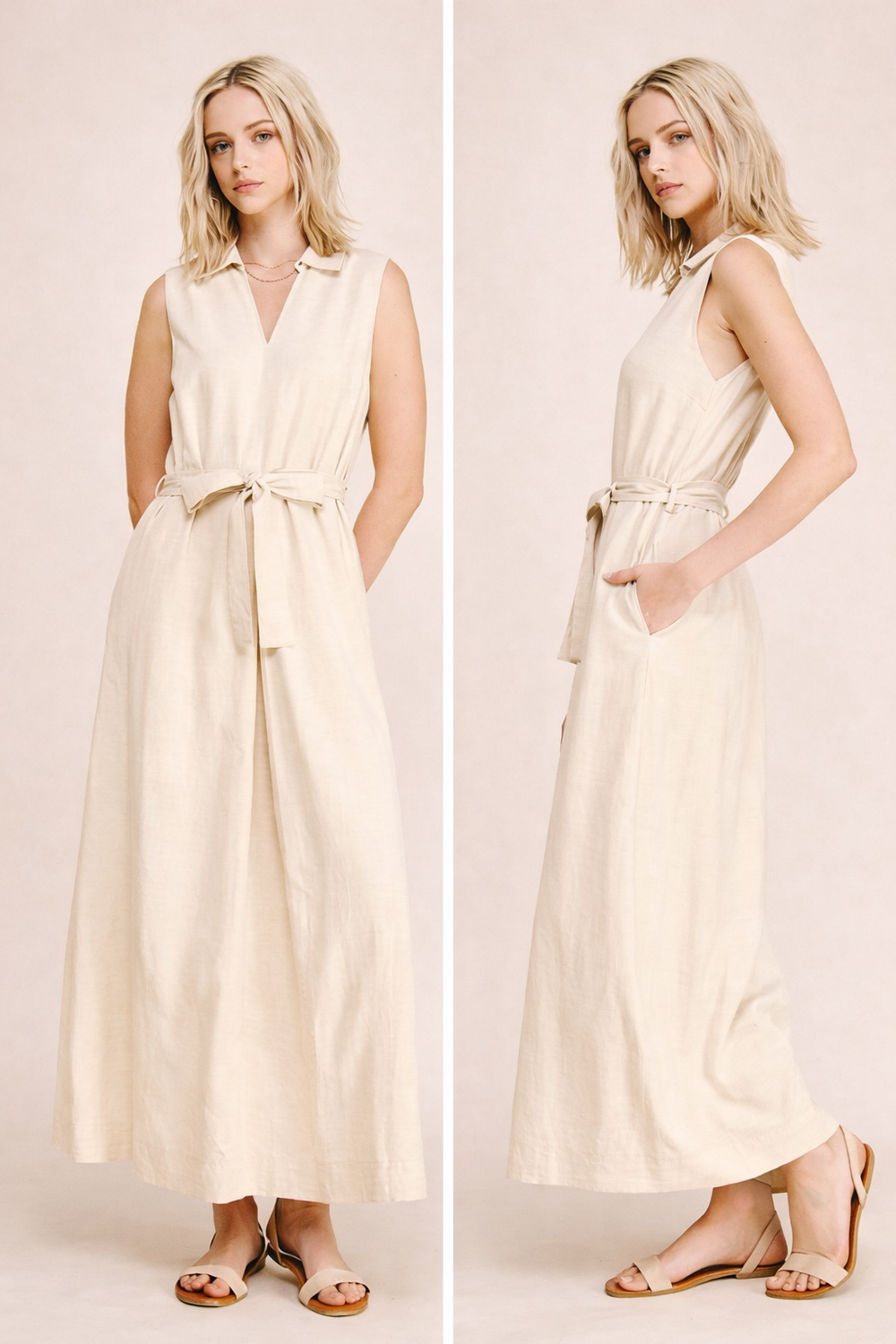 Linen Sleeveless Collared Maxi Dress