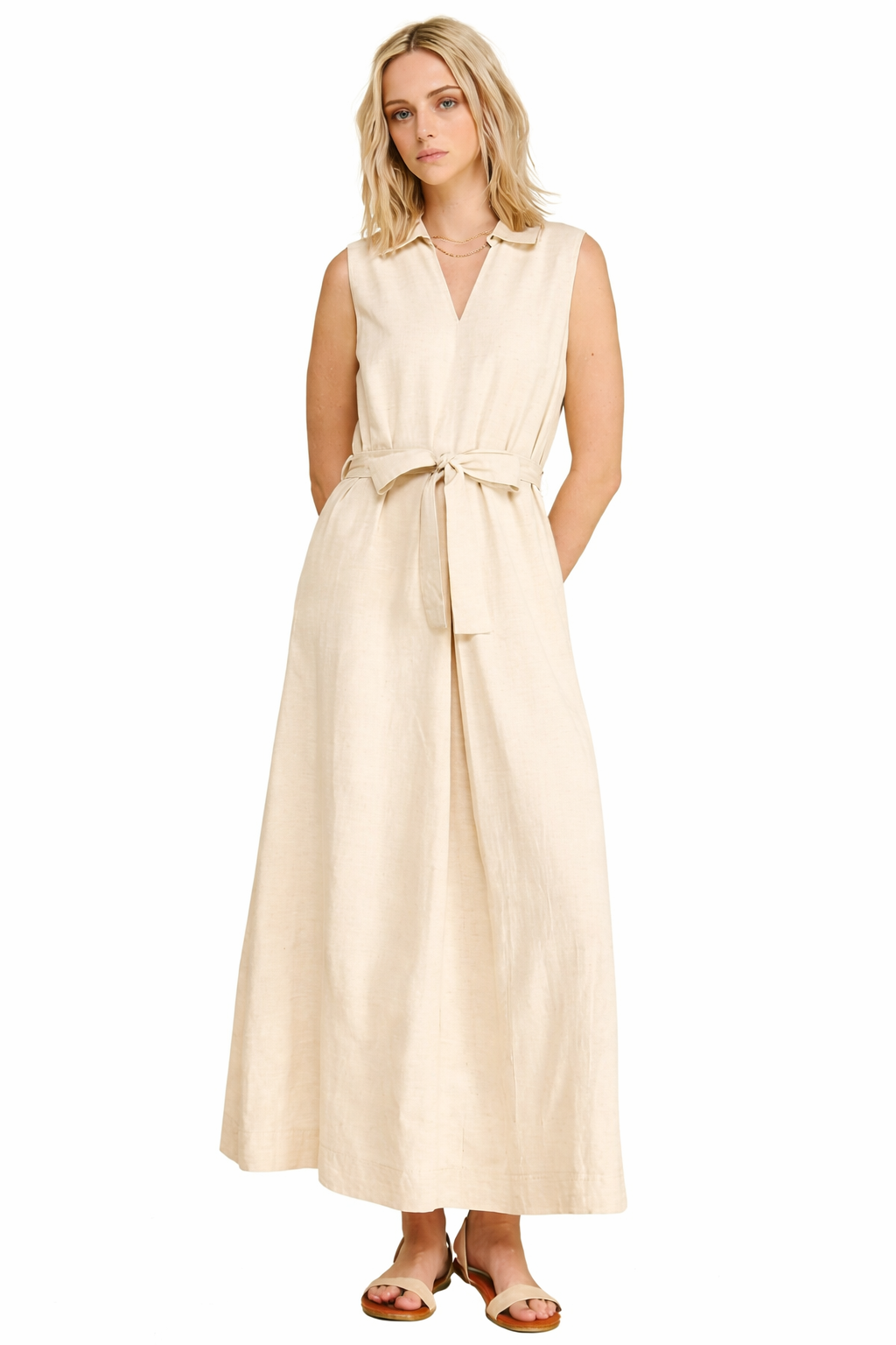 Linen Sleeveless Collared Maxi Dress