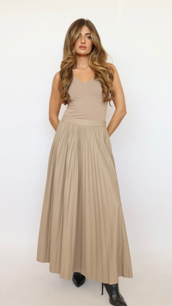 Pleated Vegan Leather Maxi Skirt