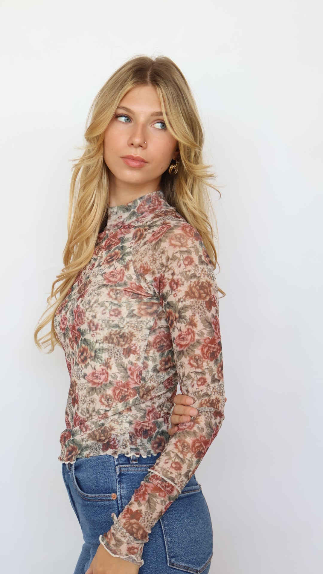 Floral Print Mesh Mock Neck Top