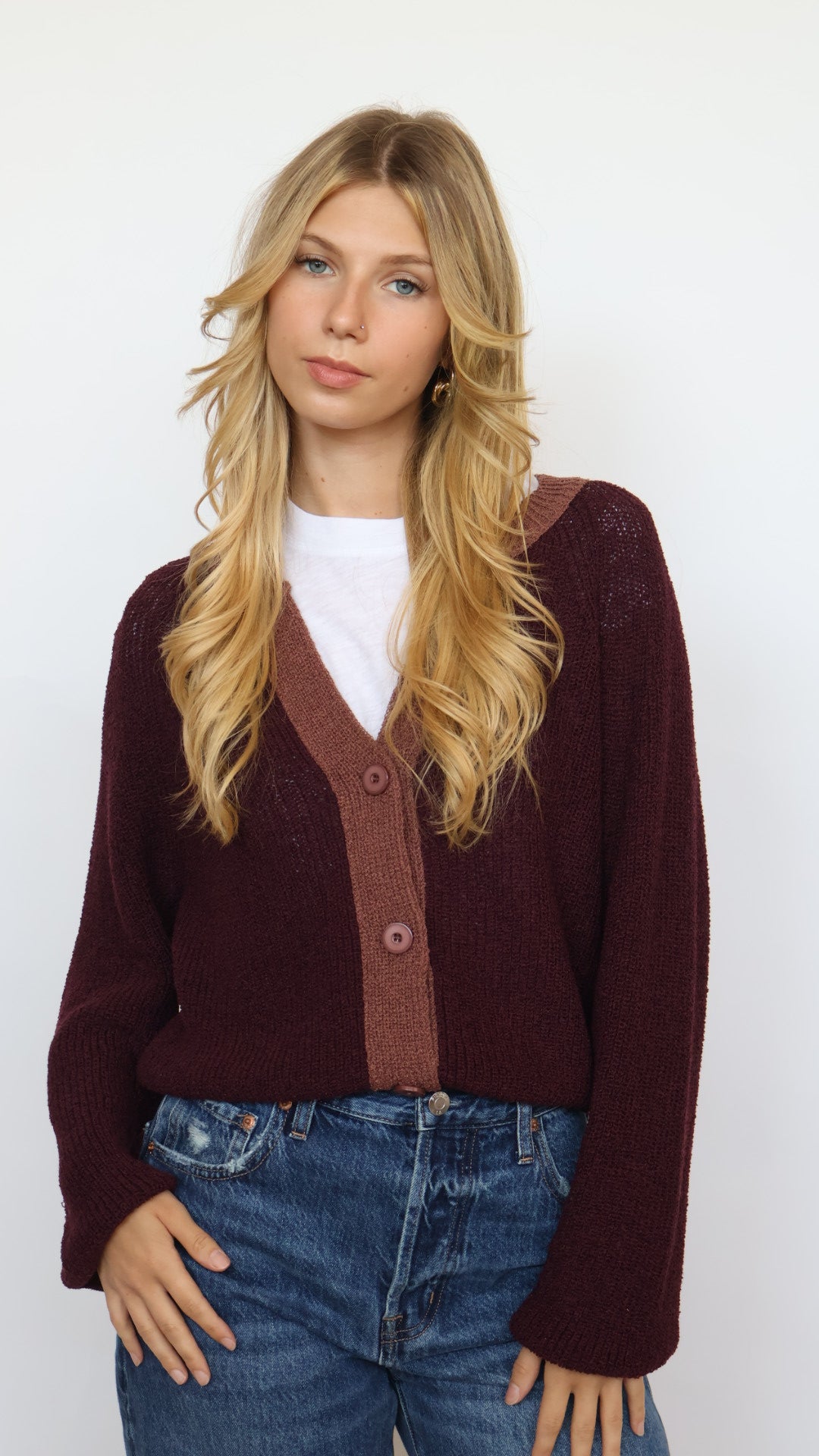 Contrast Trim V Neck Cropped Cardigan