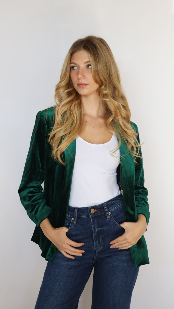 Ruched Sleeve Velvet Blazer