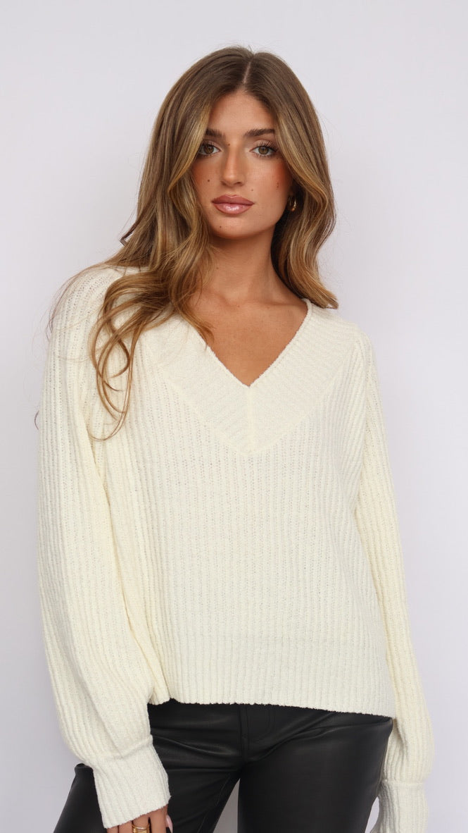 Ribbed Knit V Neck Loose Fit Sweater