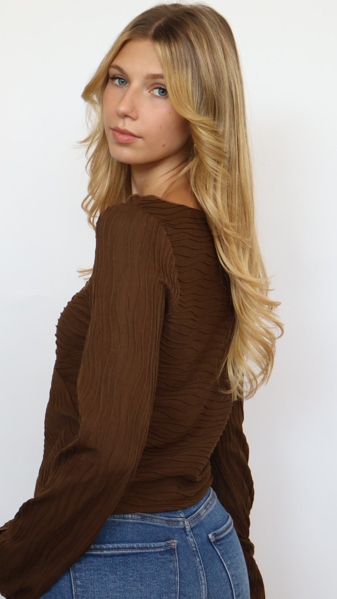 Asymmetrical Bell Sleeve Textured Top