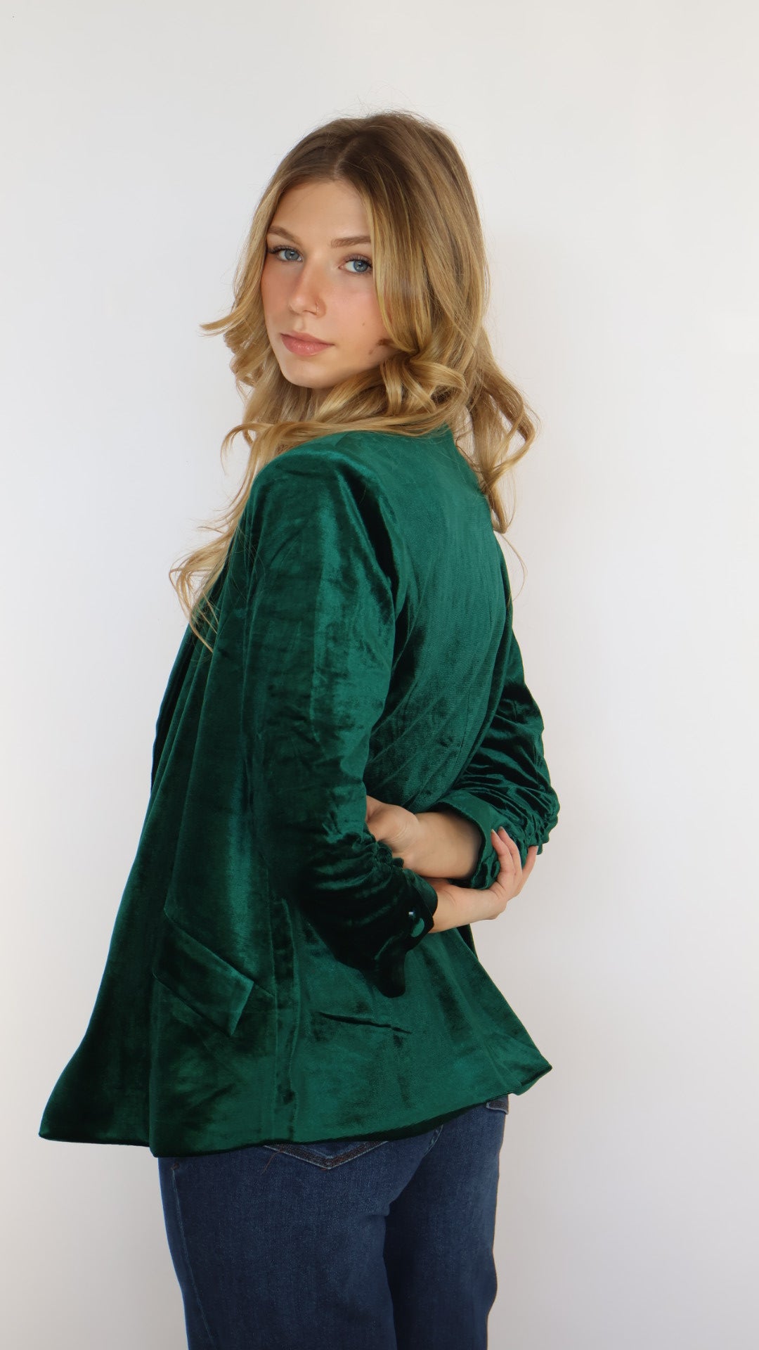 Ruched Sleeve Velvet Blazer