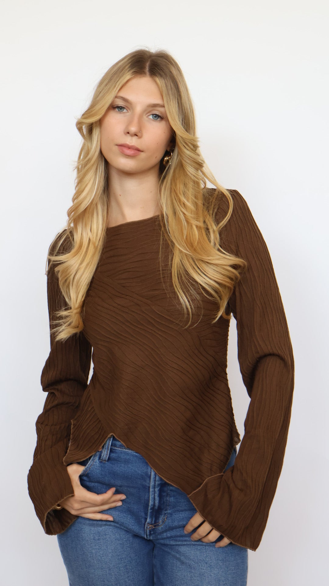 Asymmetrical Bell Sleeve Textured Top