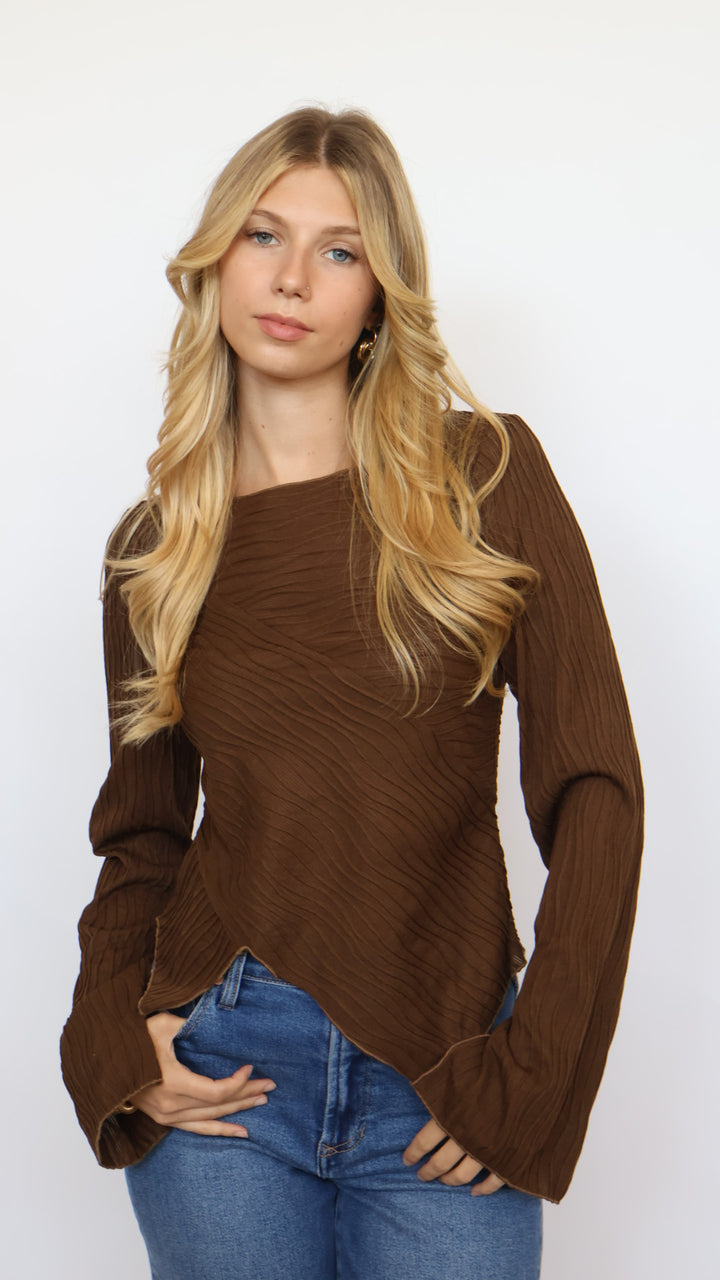 Asymmetrical Bell Sleeve Textured Top