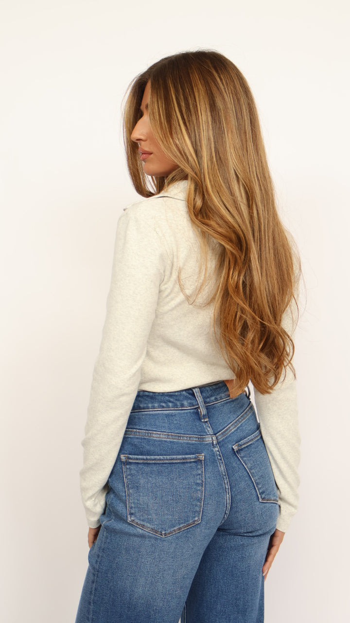 Loren Ribbed Cotton Zip Long Sleeve Top