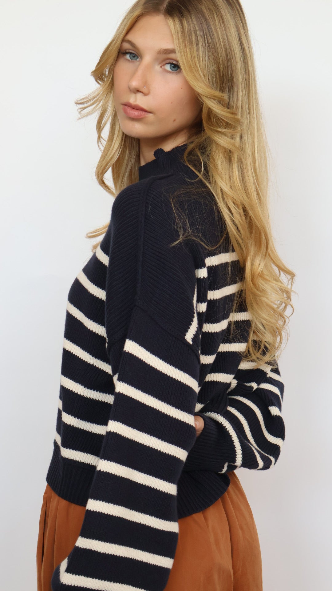 Loose Fit Mock Neck Stripe Sweater