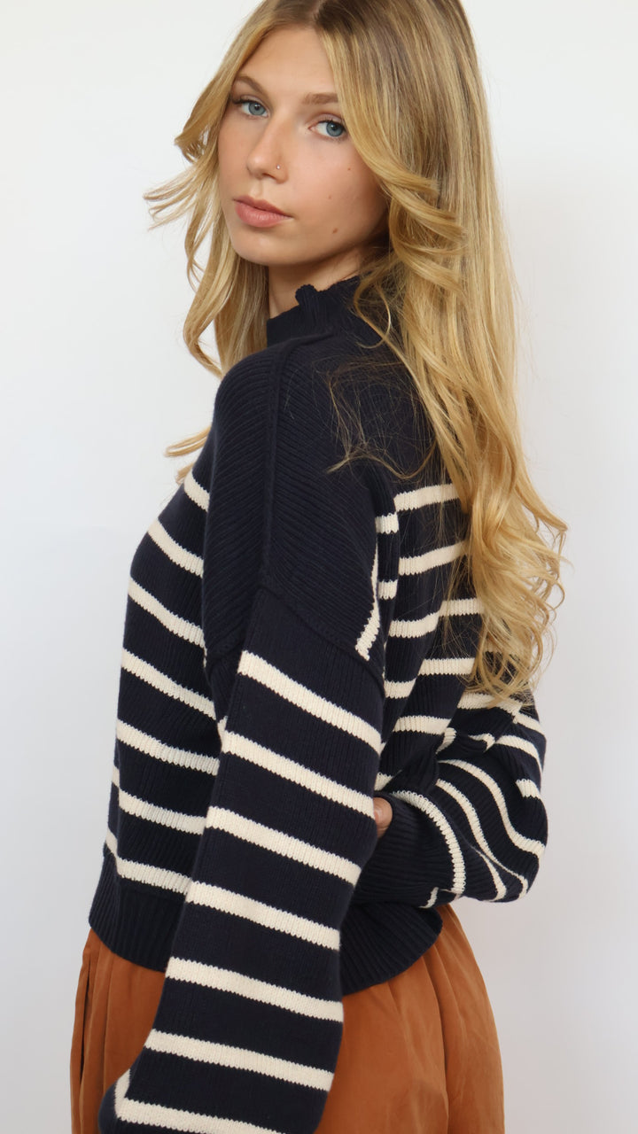 Loose Fit Mock Neck Stripe Sweater