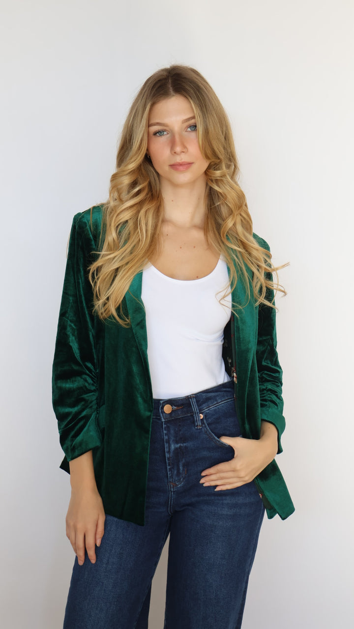 Ruched Sleeve Velvet Blazer