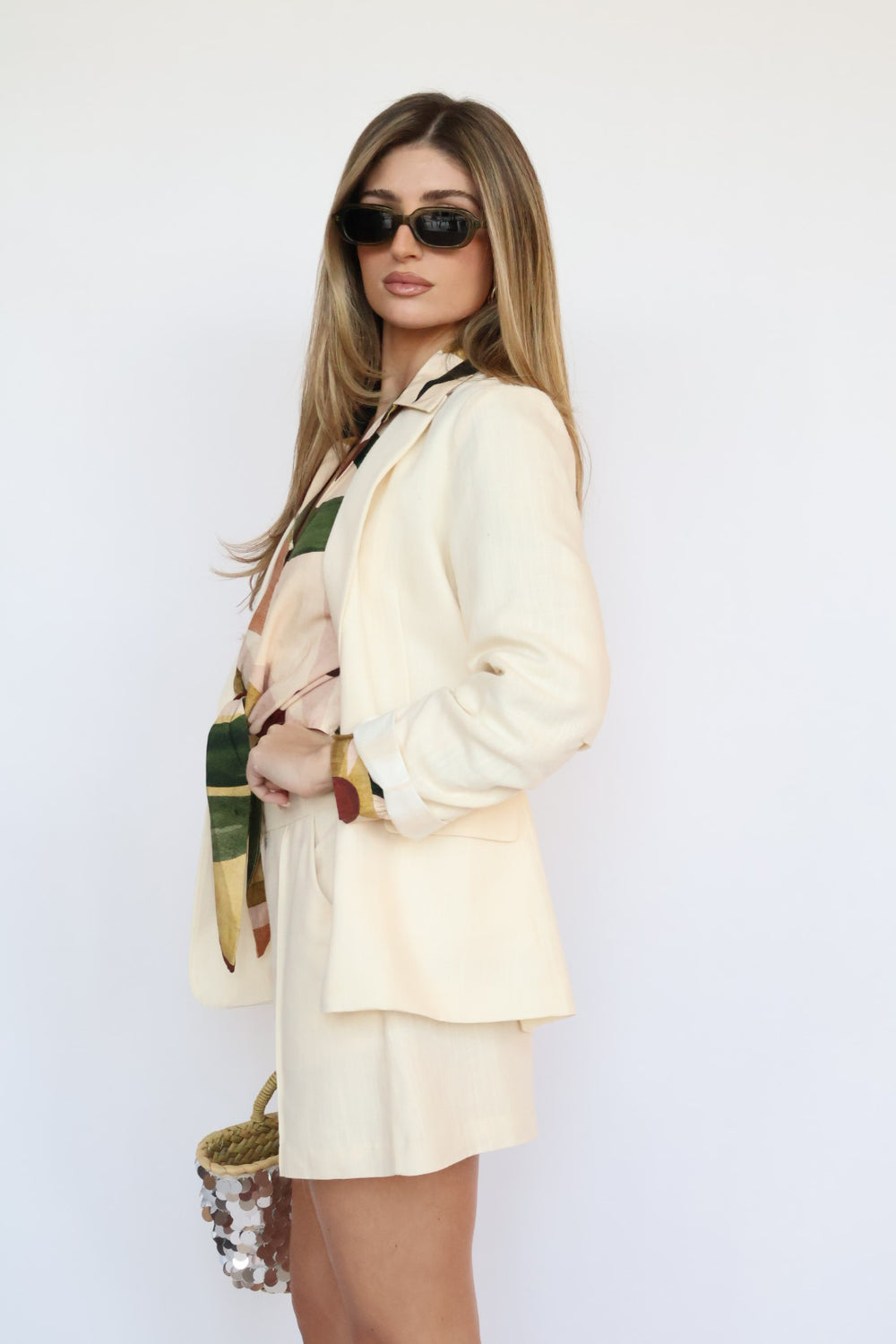 3/4 Cinched Sleeve Linen Blazer