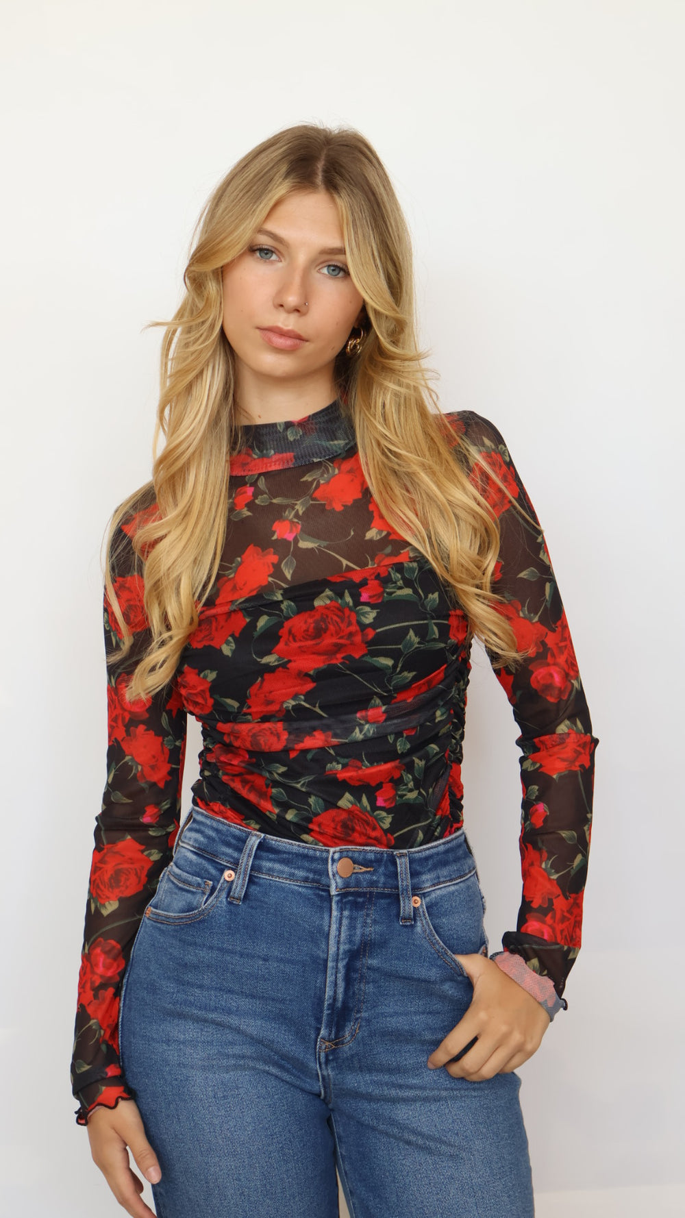Rose Print Mock Neck Bodysuit